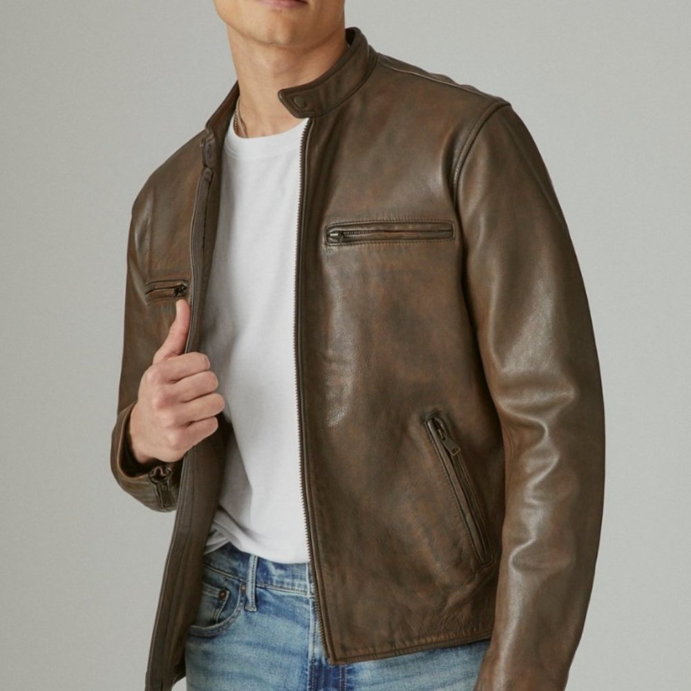 Lucky Brand Washed Leather Bonneville Jacket in Dark Brown, size S
